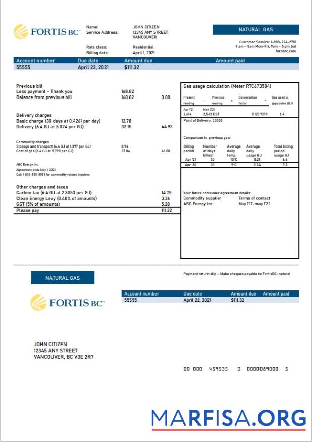 Blank Canada British Columbia FortisBC utility bill template in Word and PDF format